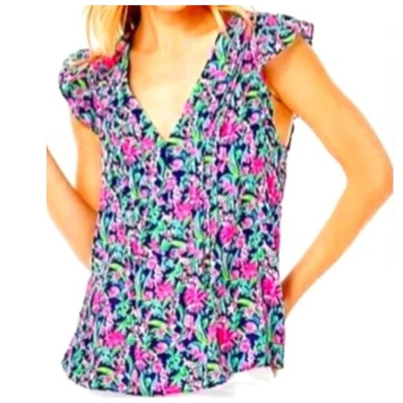 Lilly Pulitzer Size Large Lacie Peplum Blouse Top Ruffle Sleeve - Picture 1 of 2
